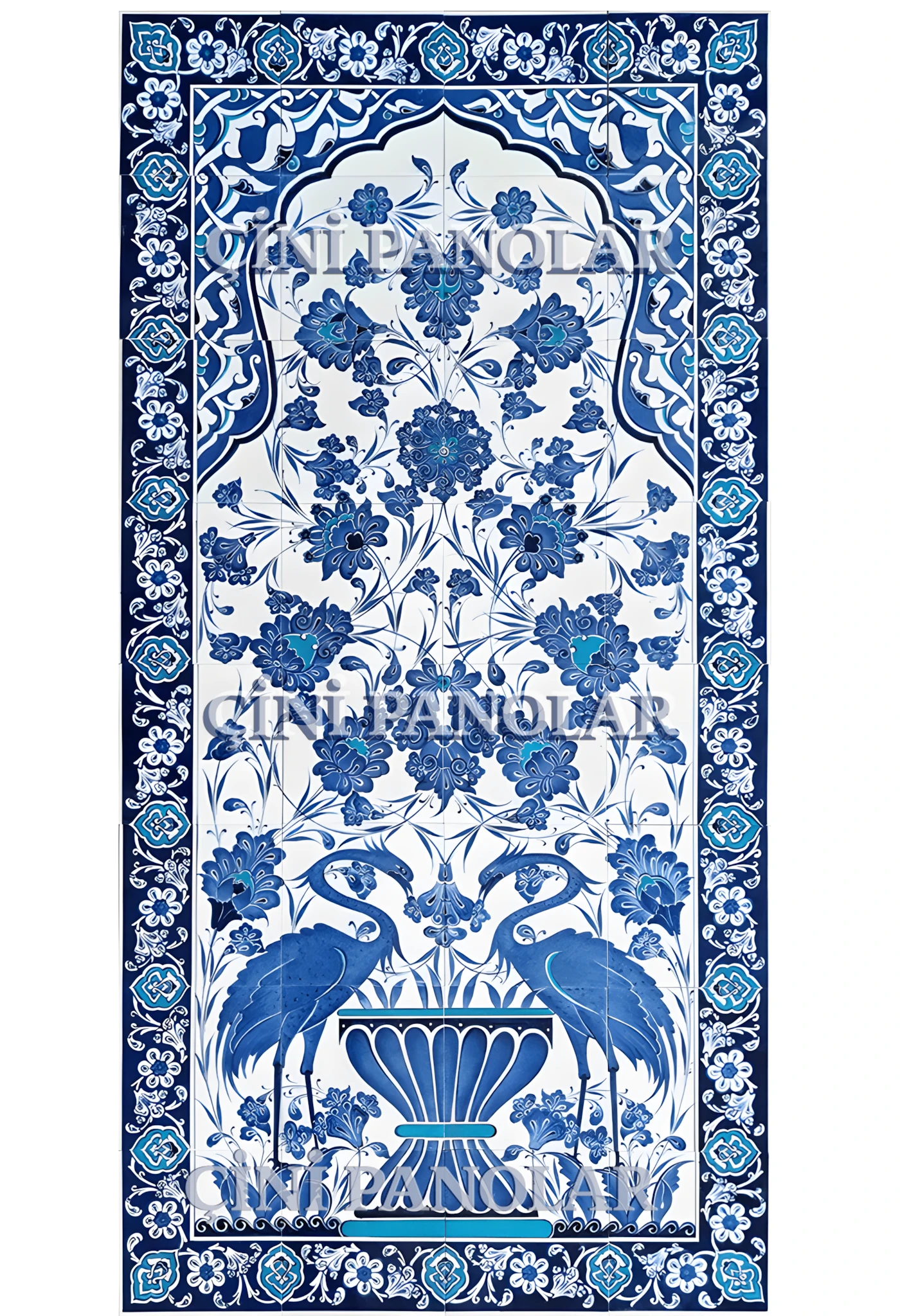 Çini Panolar - 23, Çini Pano Çeşitleri Mavi Beyaz Saksılı, 80x160 
