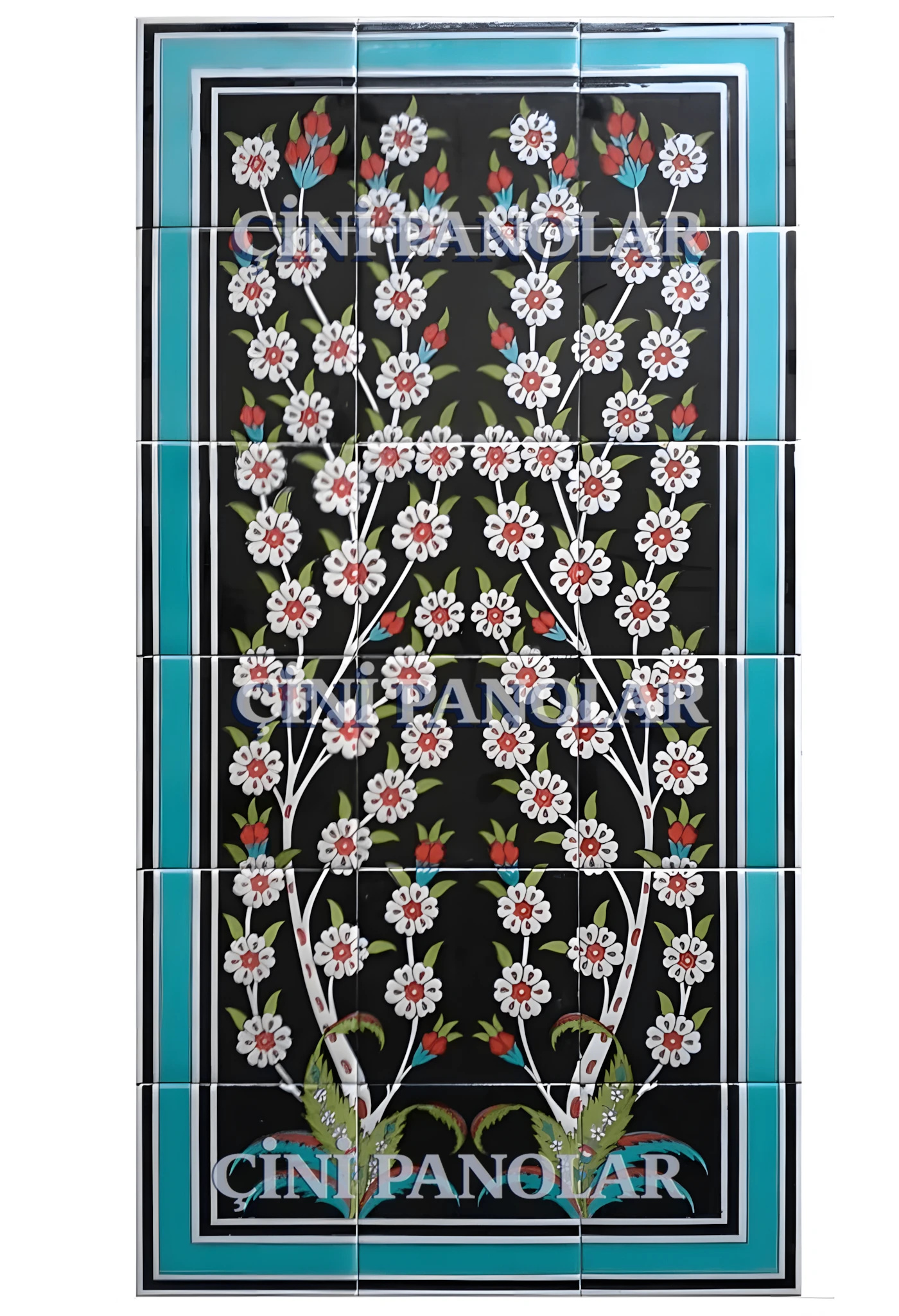 Çini Panolar - 07, Hayat Ağacı Çini Pano Siyah Zeminli Mavi, El Dekoru Çini Hayat Ağacı 60X120